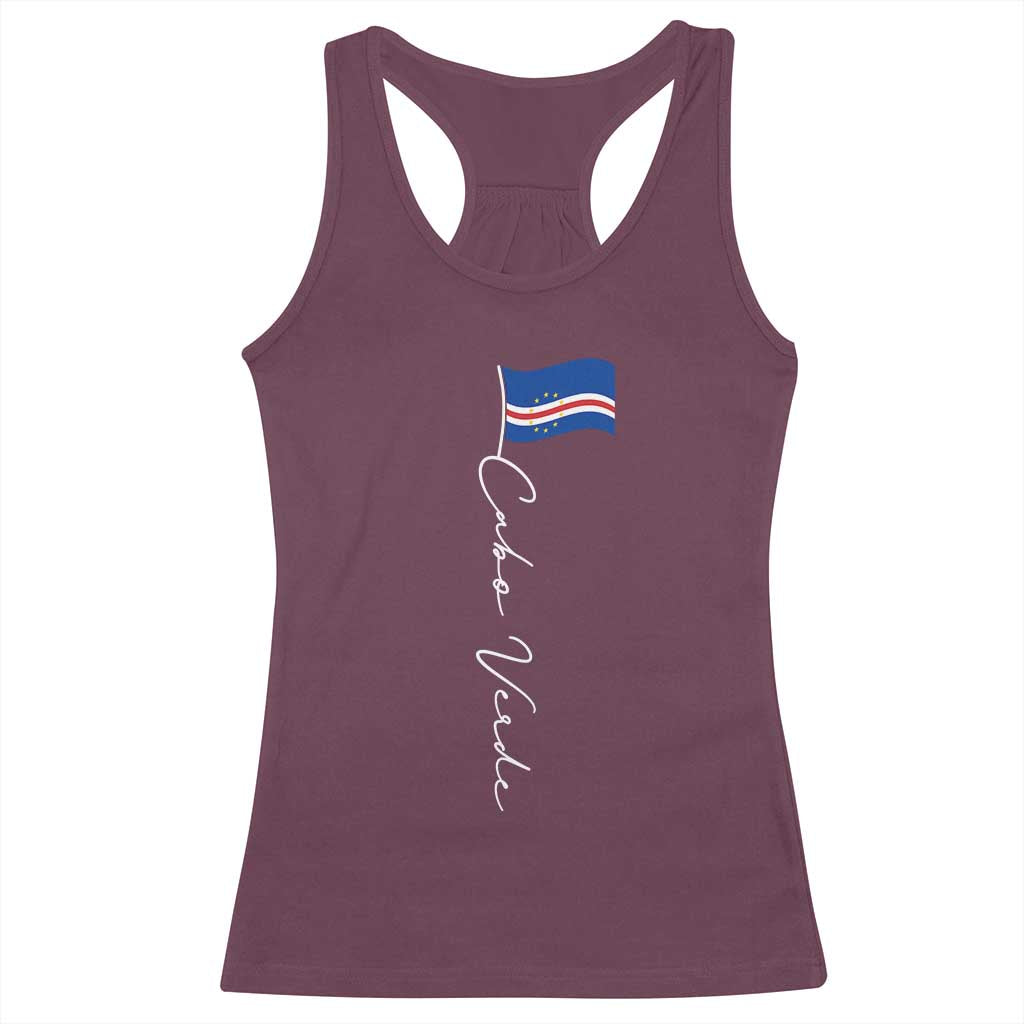 Cabo Verde Elegant Script Flag Graphic Racerback Tank Top Cape Verde Minimalist Cursive National Pride Gift