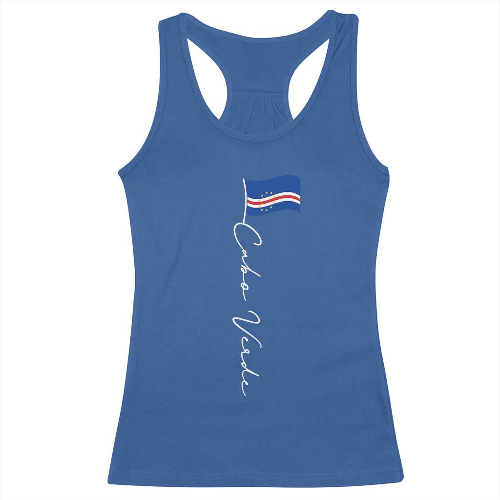 Cabo Verde Elegant Script Flag Graphic Racerback Tank Top Cape Verde Minimalist Cursive National Pride Gift