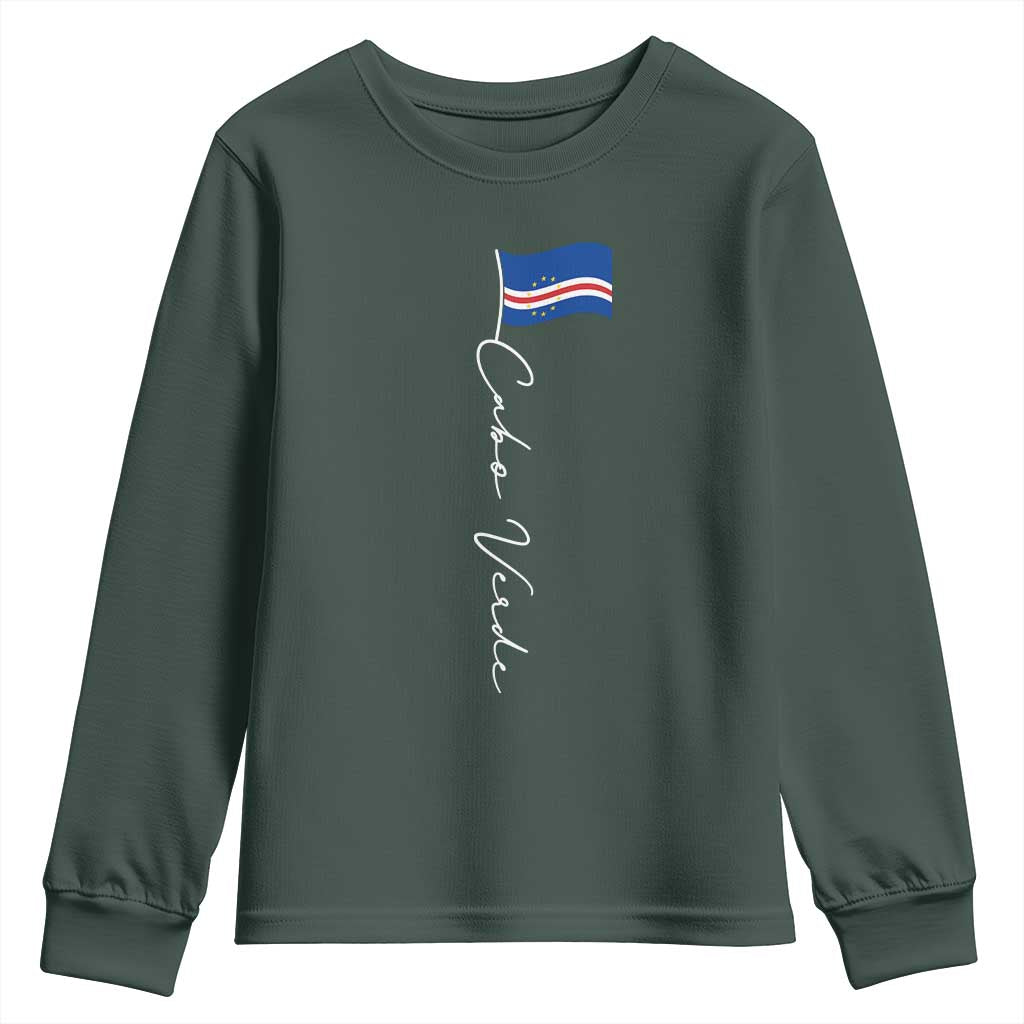 Cabo Verde Elegant Script Flag Graphic Youth Sweatshirt Cape Verde Minimalist Cursive National Pride Gift