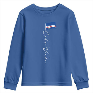 Cabo Verde Elegant Script Flag Graphic Youth Sweatshirt Cape Verde Minimalist Cursive National Pride Gift