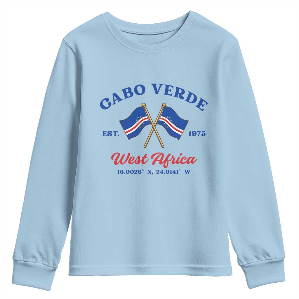 Cabo Verde West Africa Crossed Flags Youth Sweatshirt Cape Verde Est 1975 Retro National Pride TS02 Light Blue Print Your Wear