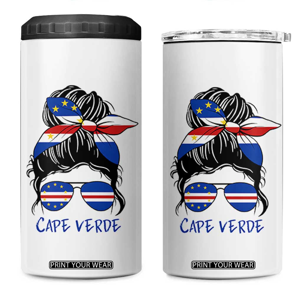 Cape Verde Messy Bun Girl Flag Sunglasses Graphic 4 in 1 Can Cooler Tumbler Cabo Verde Women National Pride Gift