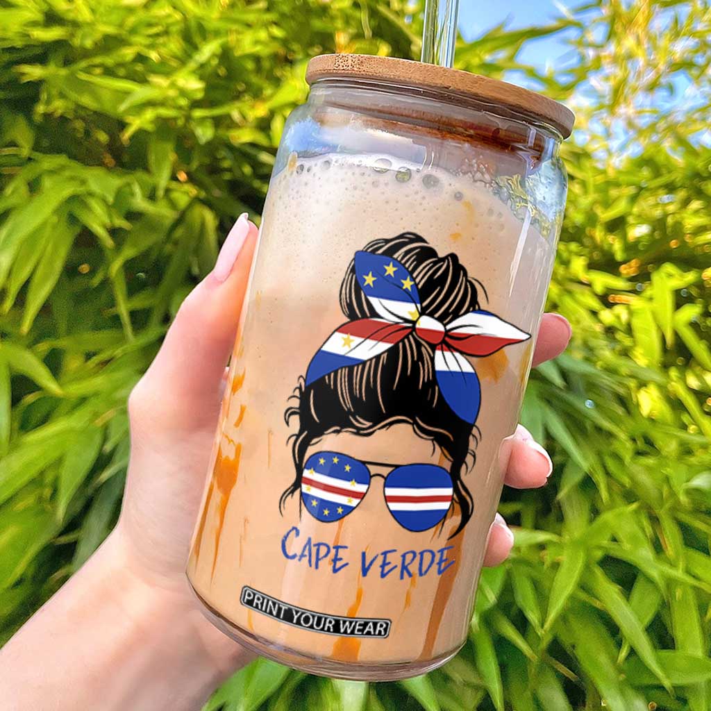Cape Verde Messy Bun Girl Flag Sunglasses Graphic Glass Can Cabo Verde Women National Pride Gift