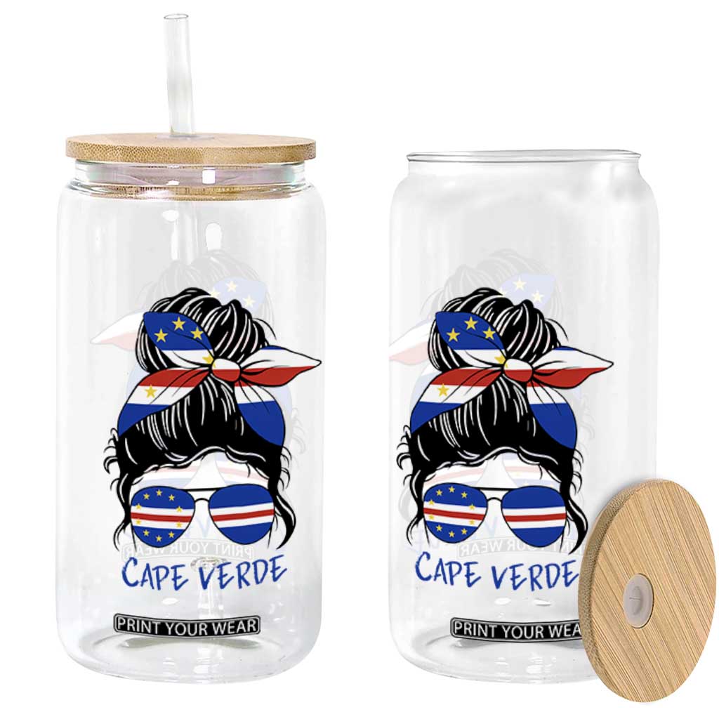 Cape Verde Messy Bun Girl Flag Sunglasses Graphic Glass Can Cabo Verde Women National Pride Gift