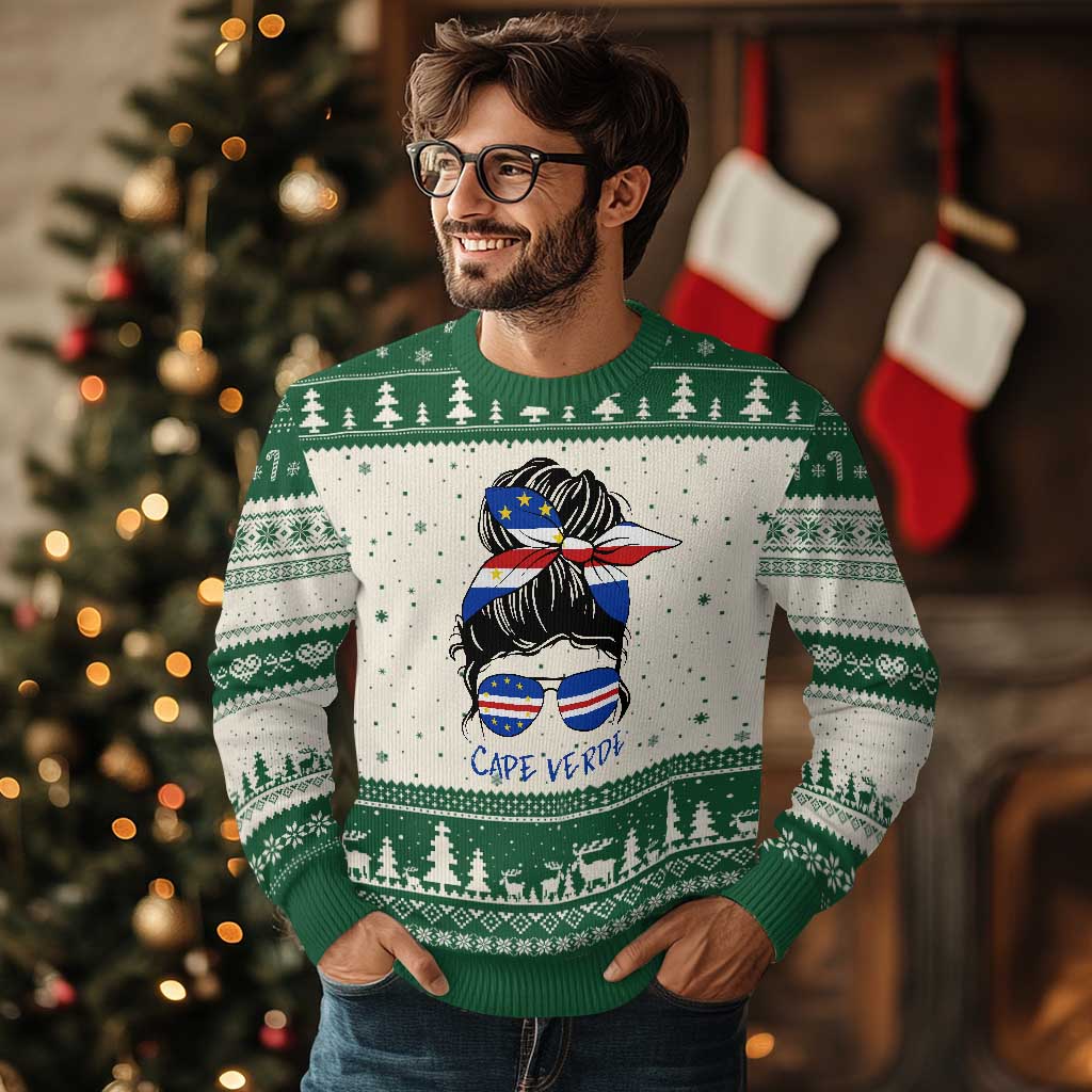 Cape Verde Messy Bun Girl Flag Sunglasses Graphic Ugly Christmas Sweater Cabo Verde Women National Pride Gift
