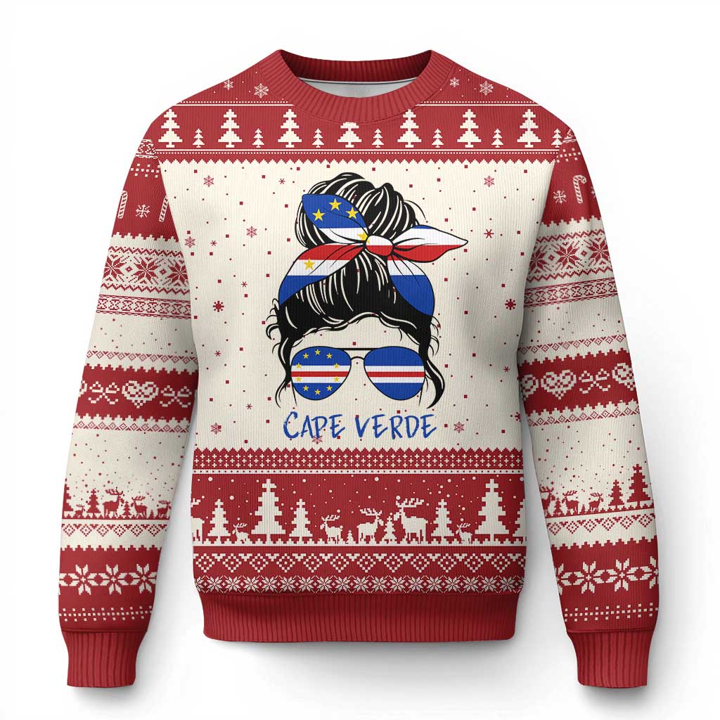 Cape Verde Messy Bun Girl Flag Sunglasses Graphic Ugly Christmas Sweater Cabo Verde Women National Pride Gift