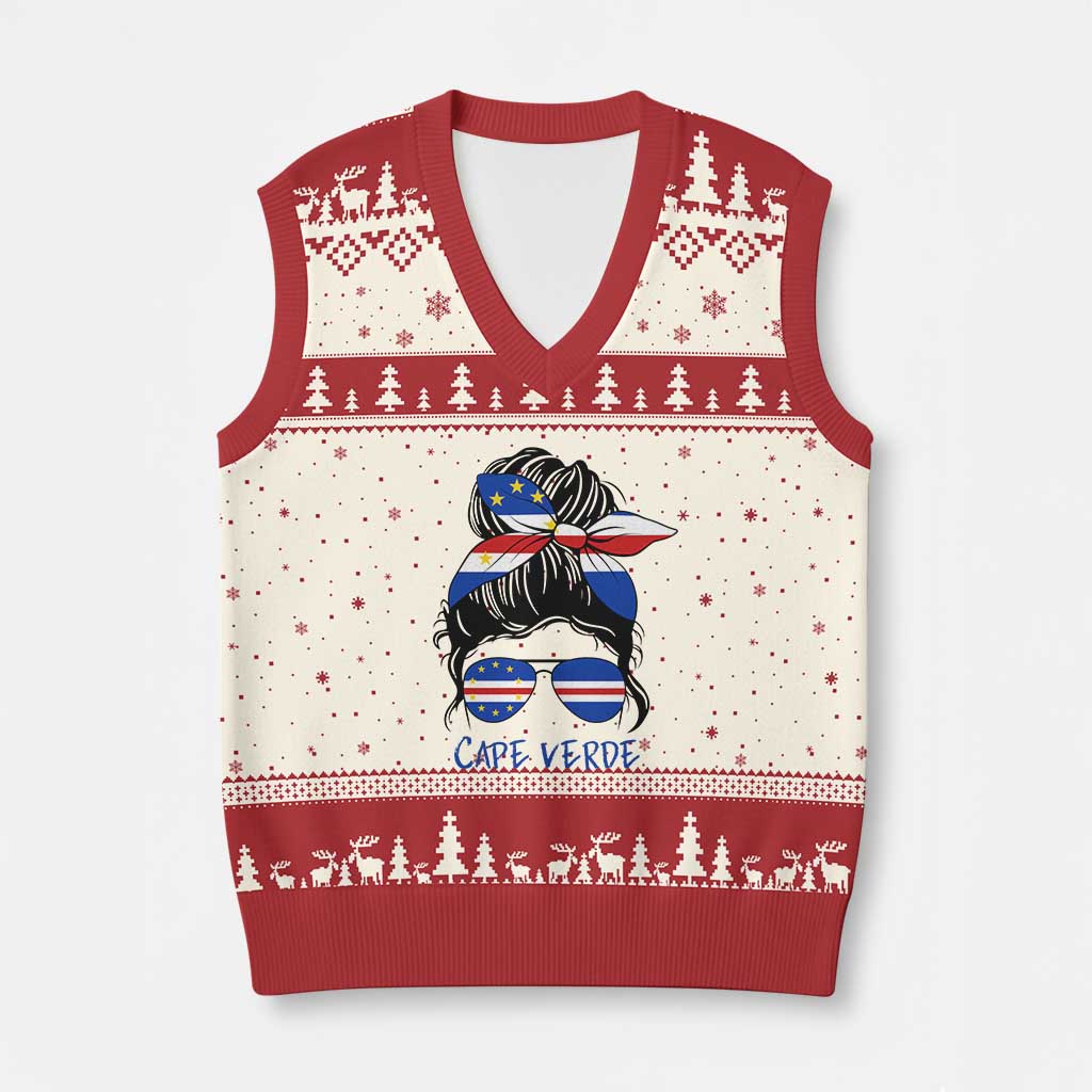 Cape Verde Messy Bun Girl Flag Sunglasses Graphic V-Neck Knit Sweater Vest Cabo Verde Women National Pride Gift