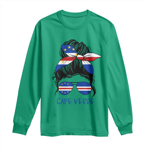 Cape Verde Messy Bun Girl Flag Sunglasses Graphic Long Sleeve Shirt Cabo Verde Women National Pride Gift