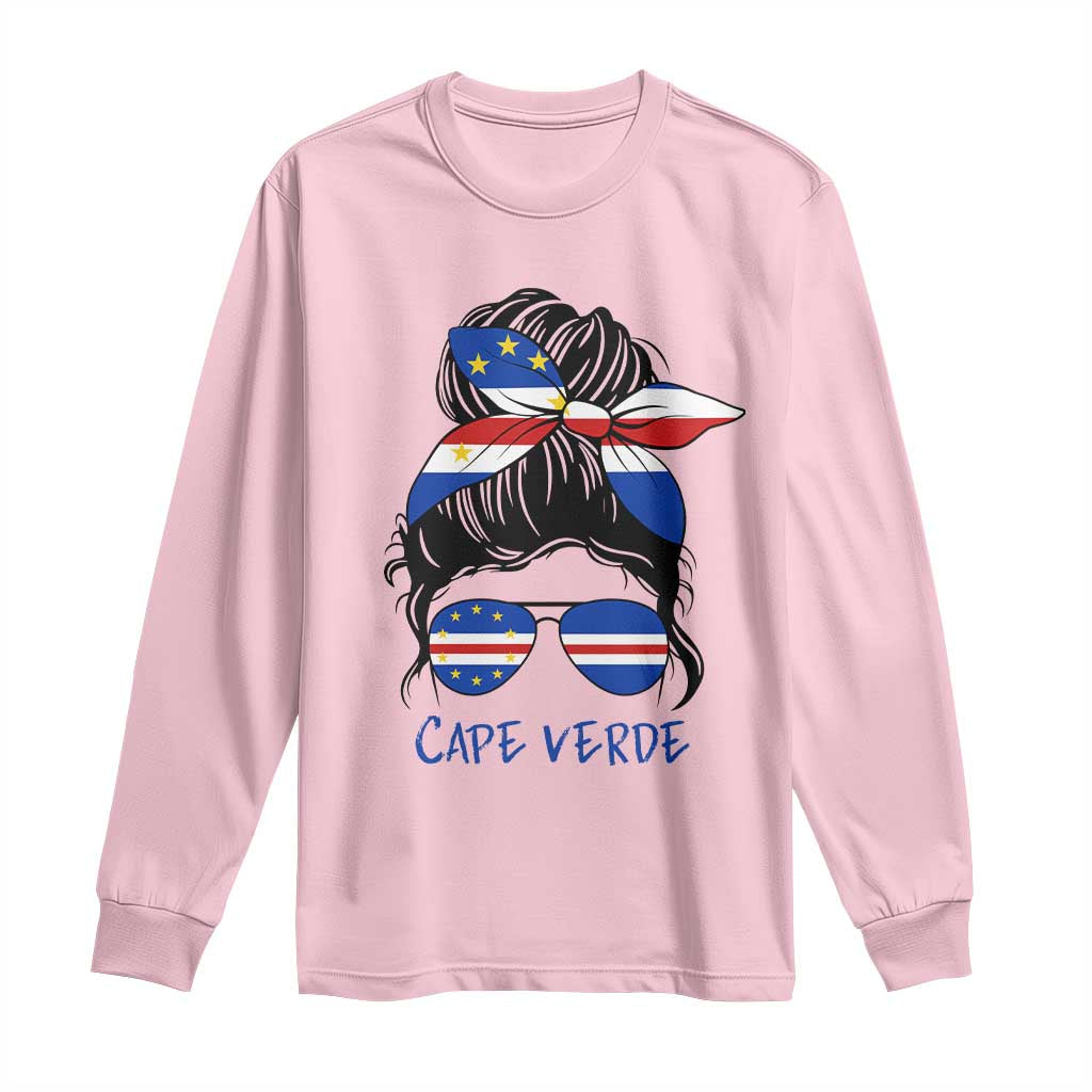 Cape Verde Messy Bun Girl Flag Sunglasses Graphic Long Sleeve Shirt Cabo Verde Women National Pride Gift