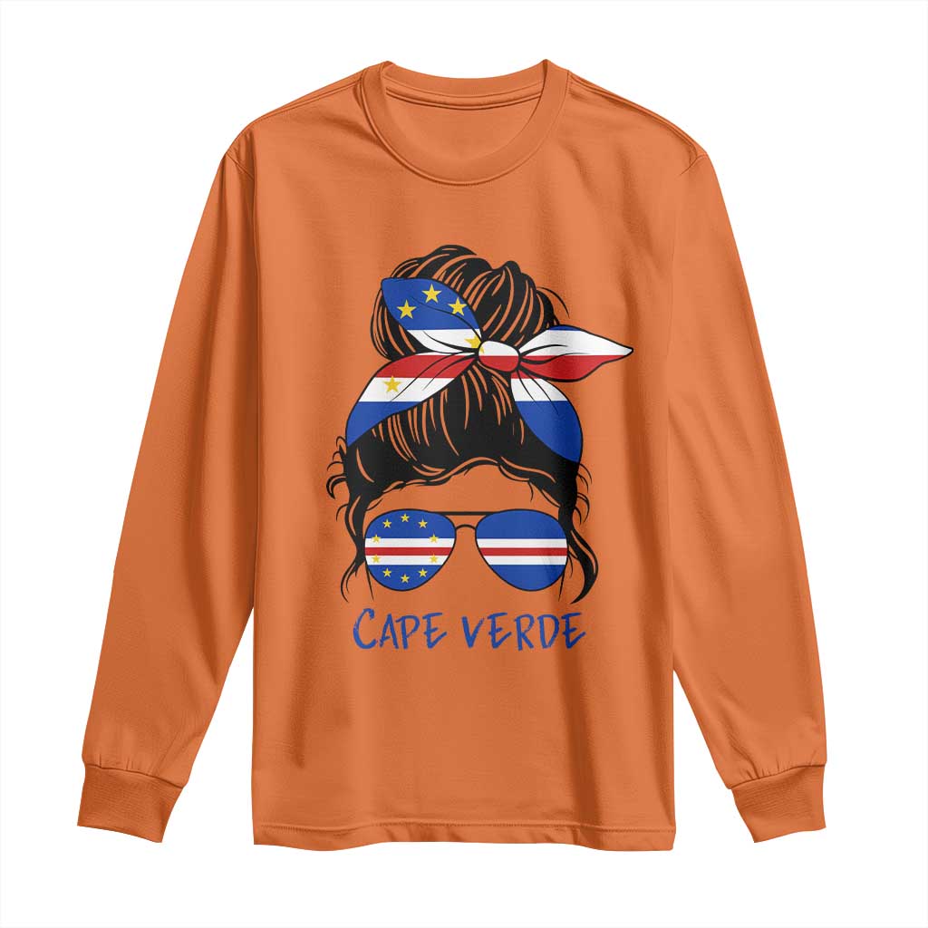 Cape Verde Messy Bun Girl Flag Sunglasses Graphic Long Sleeve Shirt Cabo Verde Women National Pride Gift