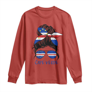 Cape Verde Messy Bun Girl Flag Sunglasses Graphic Long Sleeve Shirt Cabo Verde Women National Pride Gift