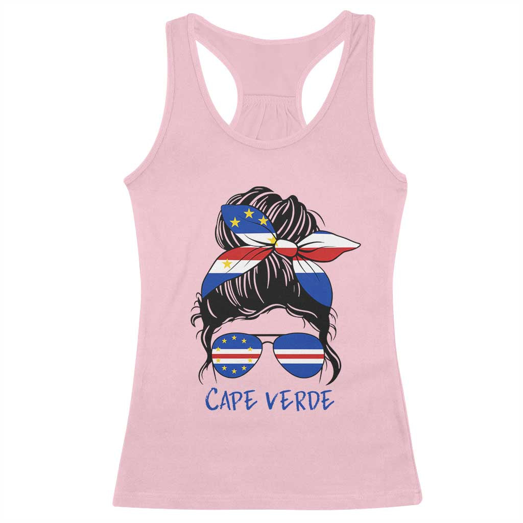 Cape Verde Messy Bun Girl Flag Sunglasses Graphic Racerback Tank Top Cabo Verde Women National Pride Gift