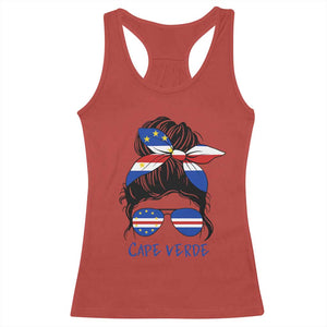 Cape Verde Messy Bun Girl Flag Sunglasses Graphic Racerback Tank Top Cabo Verde Women National Pride Gift