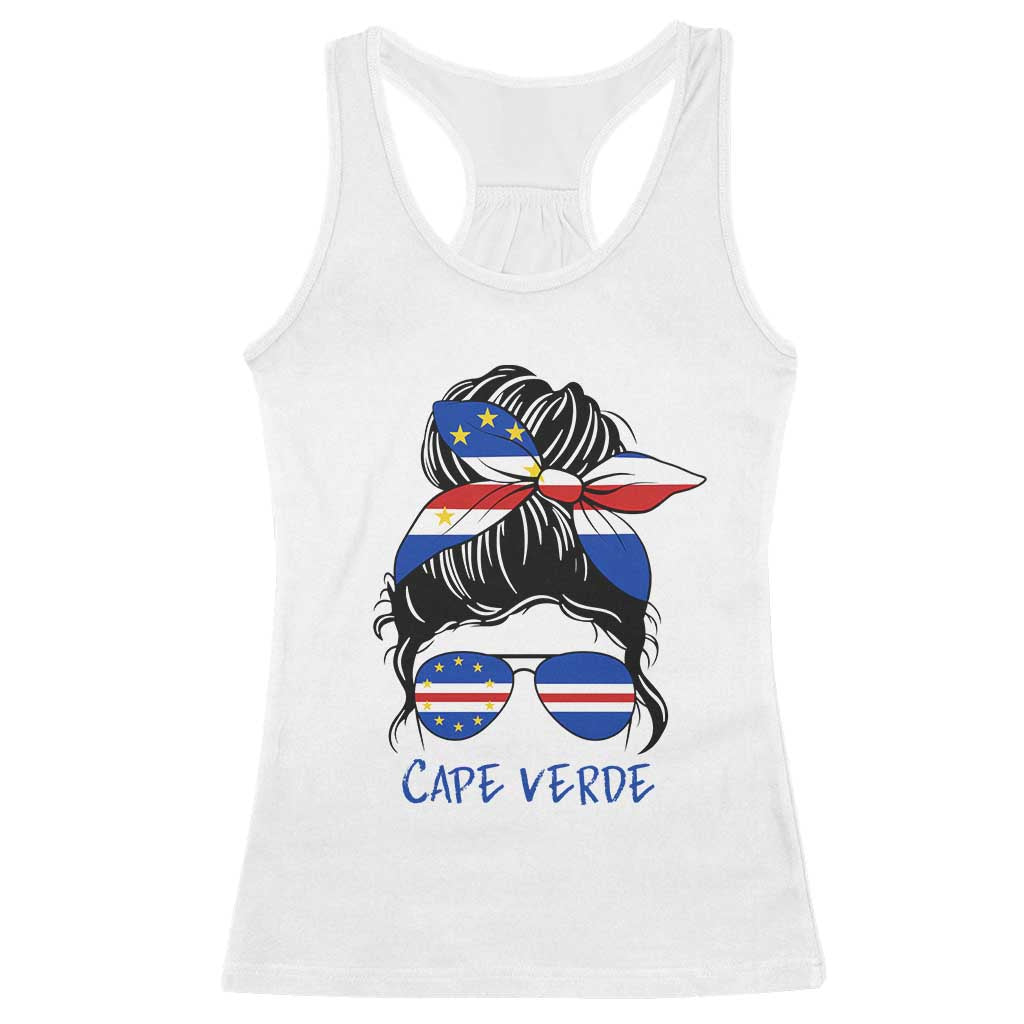 Cape Verde Messy Bun Girl Flag Sunglasses Graphic Racerback Tank Top Cabo Verde Women National Pride Gift TS02 White Print Your Wear