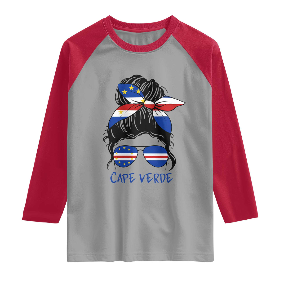 Cape Verde Messy Bun Girl Flag Sunglasses Graphic Raglan Shirt Cabo Verde Women National Pride Gift