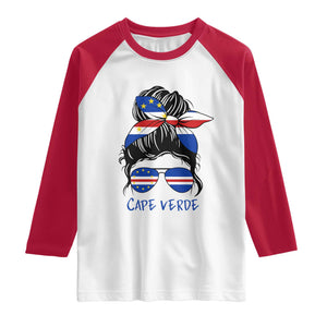 Cape Verde Messy Bun Girl Flag Sunglasses Graphic Raglan Shirt Cabo Verde Women National Pride Gift