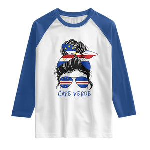 Cape Verde Messy Bun Girl Flag Sunglasses Graphic Raglan Shirt Cabo Verde Women National Pride Gift