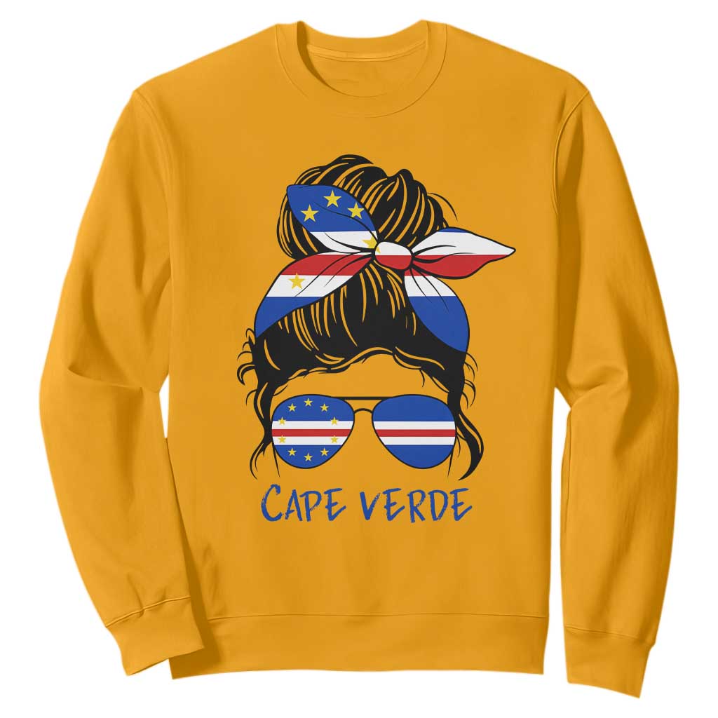 Cape Verde Messy Bun Girl Flag Sunglasses Graphic Sweatshirt Cabo Verde Women National Pride Gift