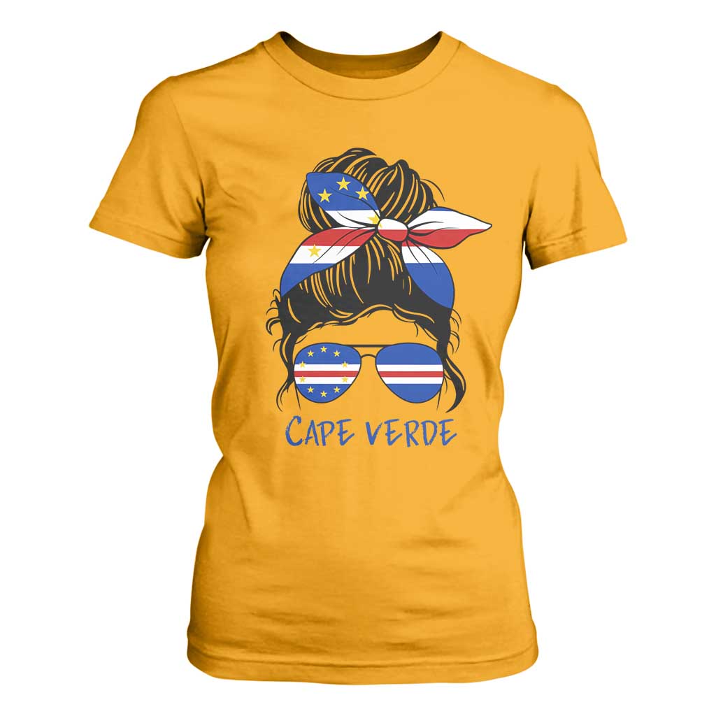 Cape Verde Messy Bun Girl Flag Sunglasses Graphic T Shirt For Women Cabo Verde Women National Pride Gift