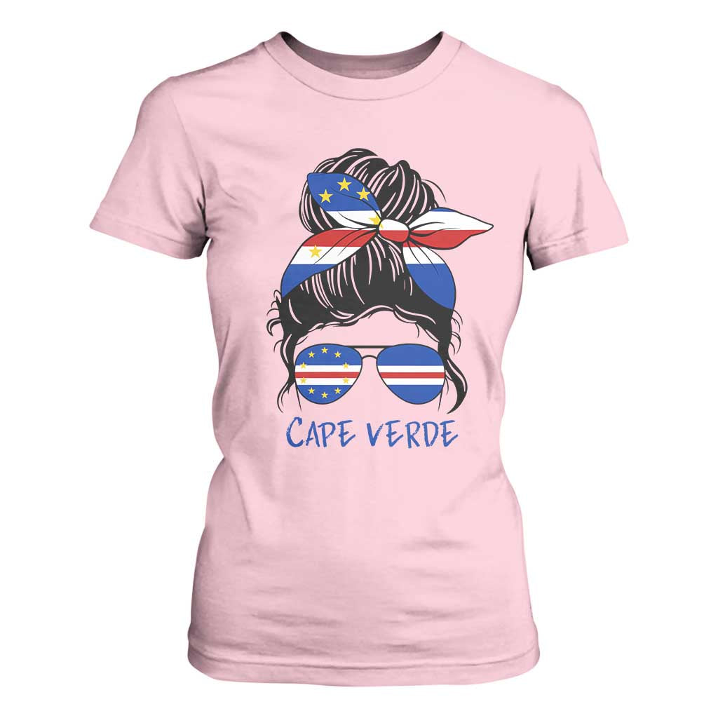 Cape Verde Messy Bun Girl Flag Sunglasses Graphic T Shirt For Women Cabo Verde Women National Pride Gift