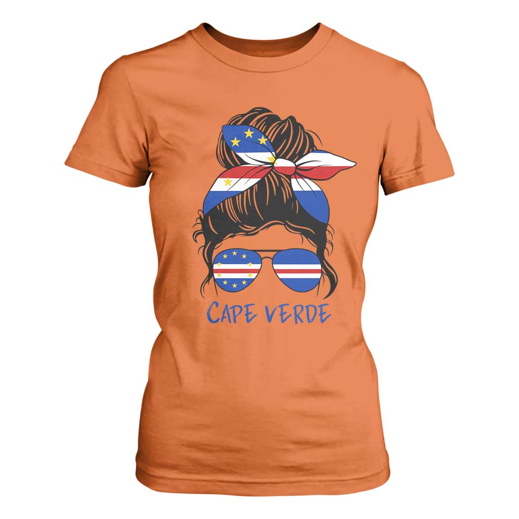 Cape Verde Messy Bun Girl Flag Sunglasses Graphic T Shirt For Women Cabo Verde Women National Pride Gift