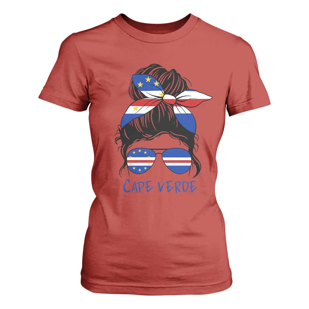 Cape Verde Messy Bun Girl Flag Sunglasses Graphic T Shirt For Women Cabo Verde Women National Pride Gift