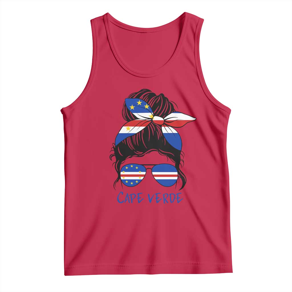 Cape Verde Messy Bun Girl Flag Sunglasses Graphic Tank Top Cabo Verde Women National Pride Gift