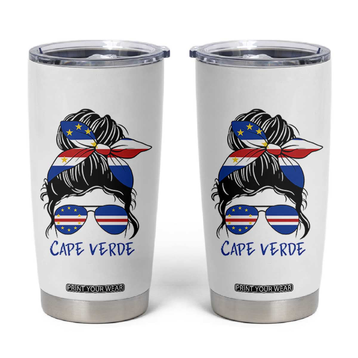 Cape Verde Messy Bun Girl Flag Sunglasses Graphic Tumbler Cup Cabo Verde Women National Pride Gift