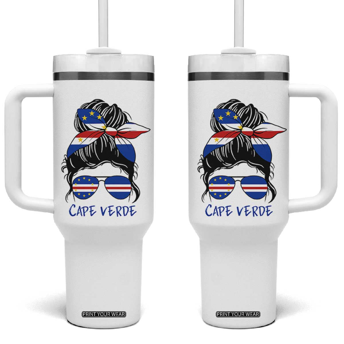 Cape Verde Messy Bun Girl Flag Sunglasses Graphic Tumbler With Handle Cabo Verde Women National Pride Gift