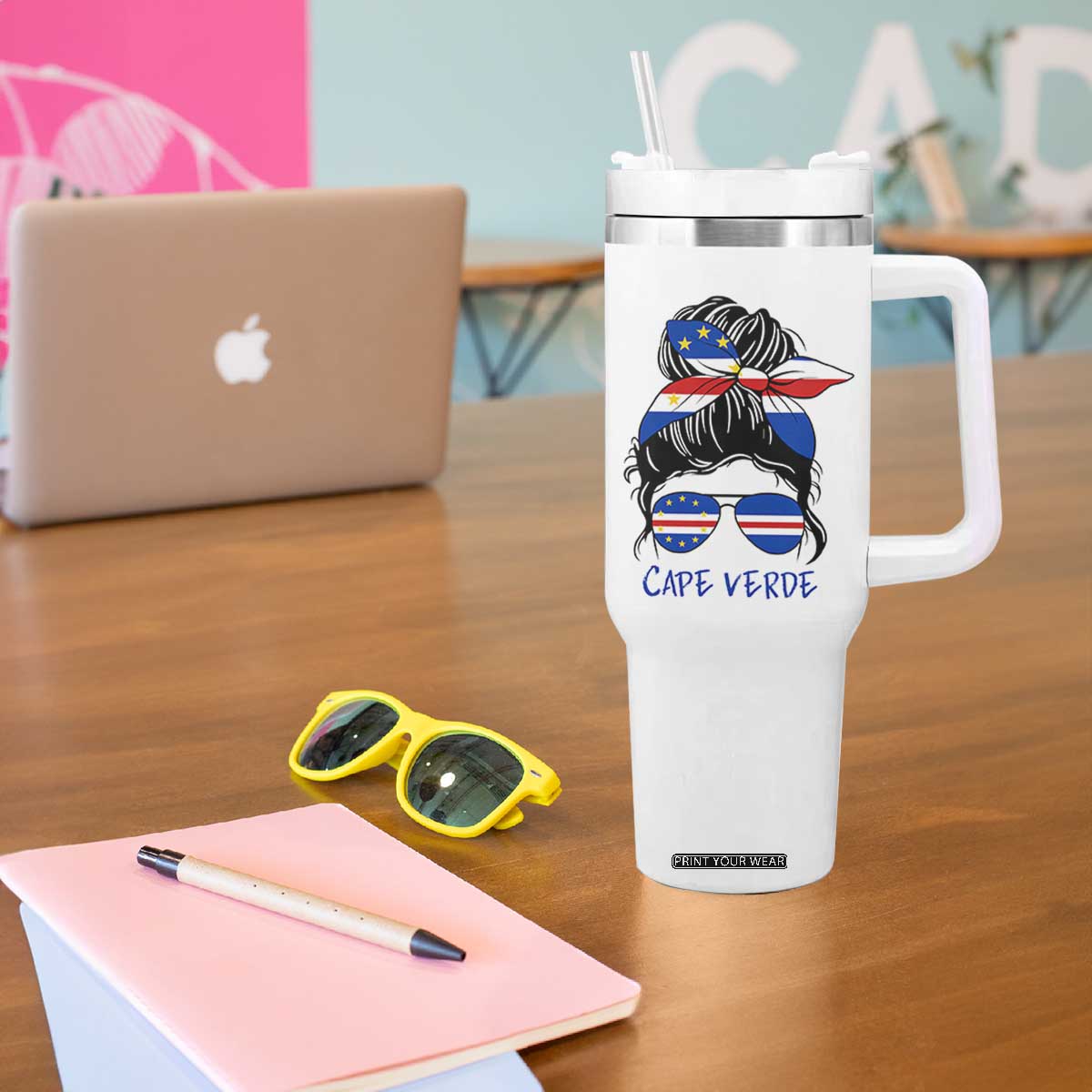 Cape Verde Messy Bun Girl Flag Sunglasses Graphic Tumbler With Handle Cabo Verde Women National Pride Gift