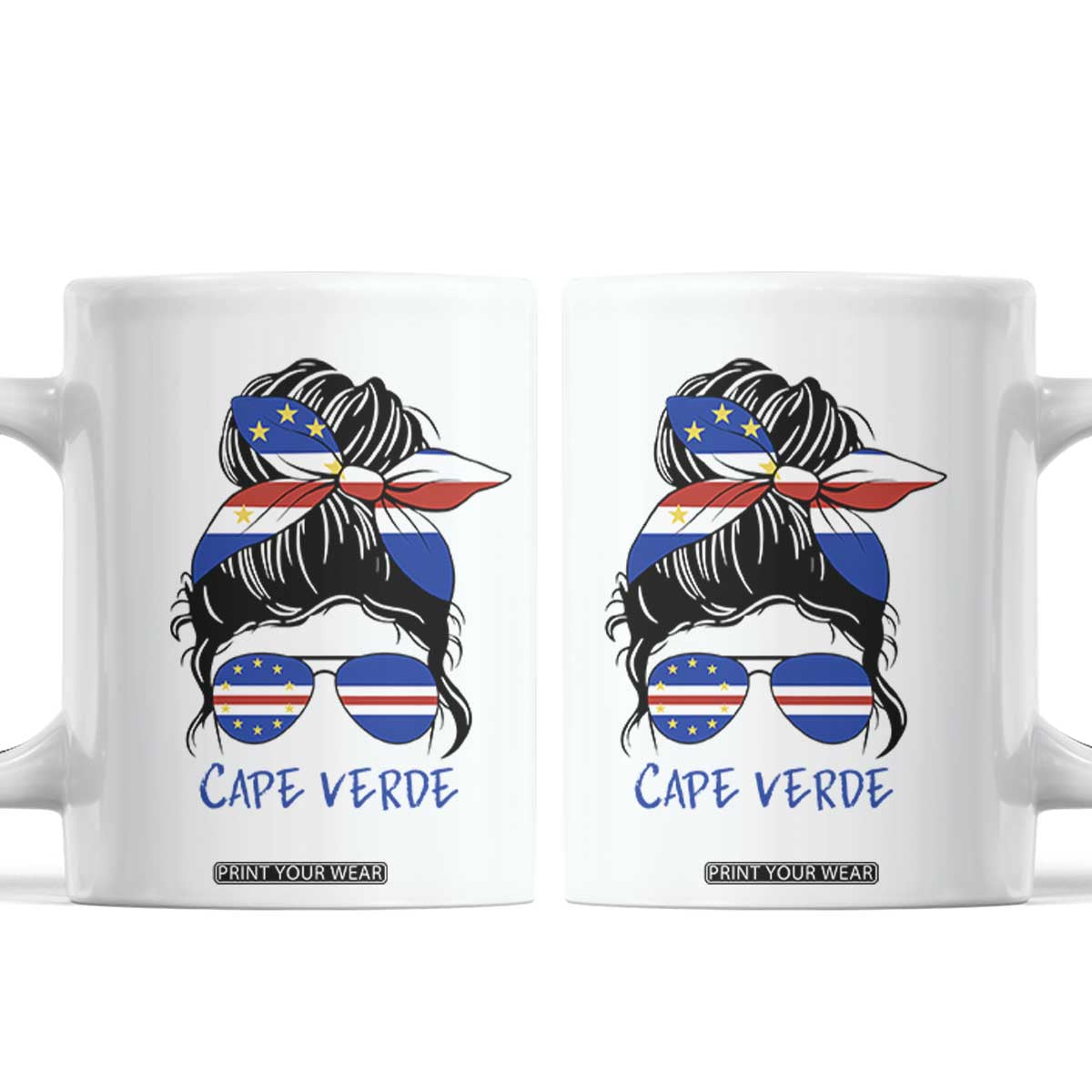 Cape Verde Messy Bun Girl Flag Sunglasses Graphic Coffee Mug Cabo Verde Women National Pride Gift