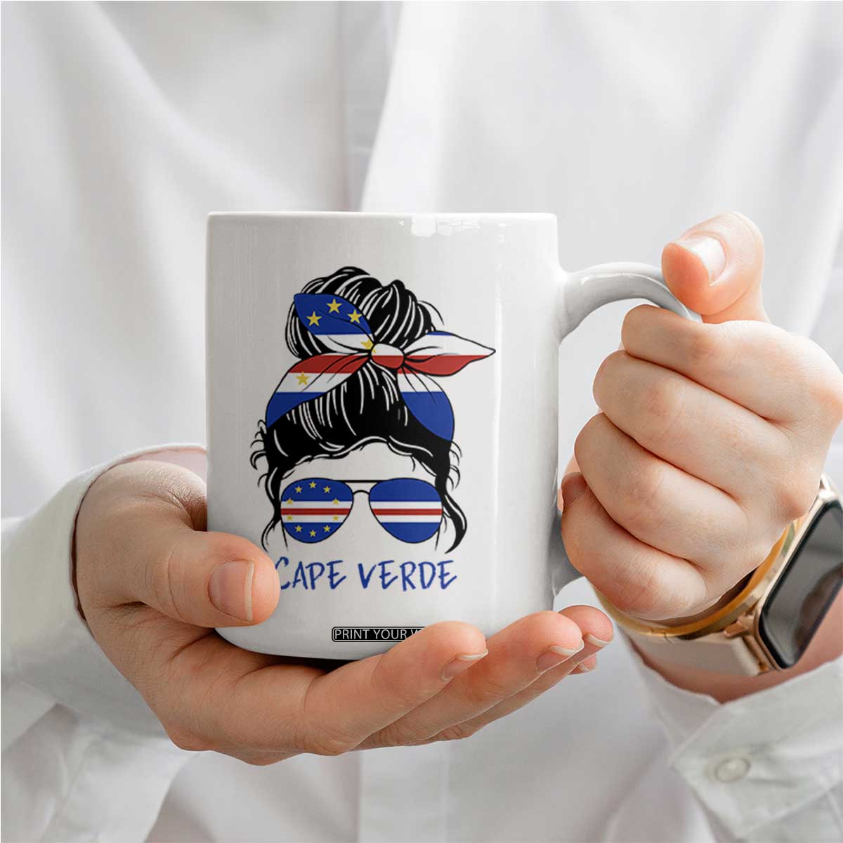 Cape Verde Messy Bun Girl Flag Sunglasses Graphic Coffee Mug Cabo Verde Women National Pride Gift