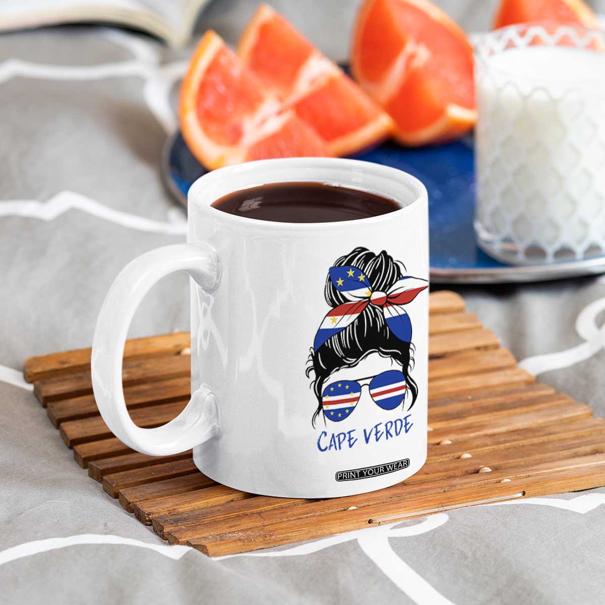 Cape Verde Messy Bun Girl Flag Sunglasses Graphic Coffee Mug Cabo Verde Women National Pride Gift