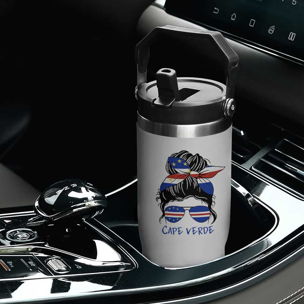 Cape Verde Messy Bun Girl Flag Sunglasses Graphic Flip Straw Tumbler Cabo Verde Women National Pride Gift