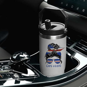 Cape Verde Messy Bun Girl Flag Sunglasses Graphic Flip Straw Tumbler Cabo Verde Women National Pride Gift