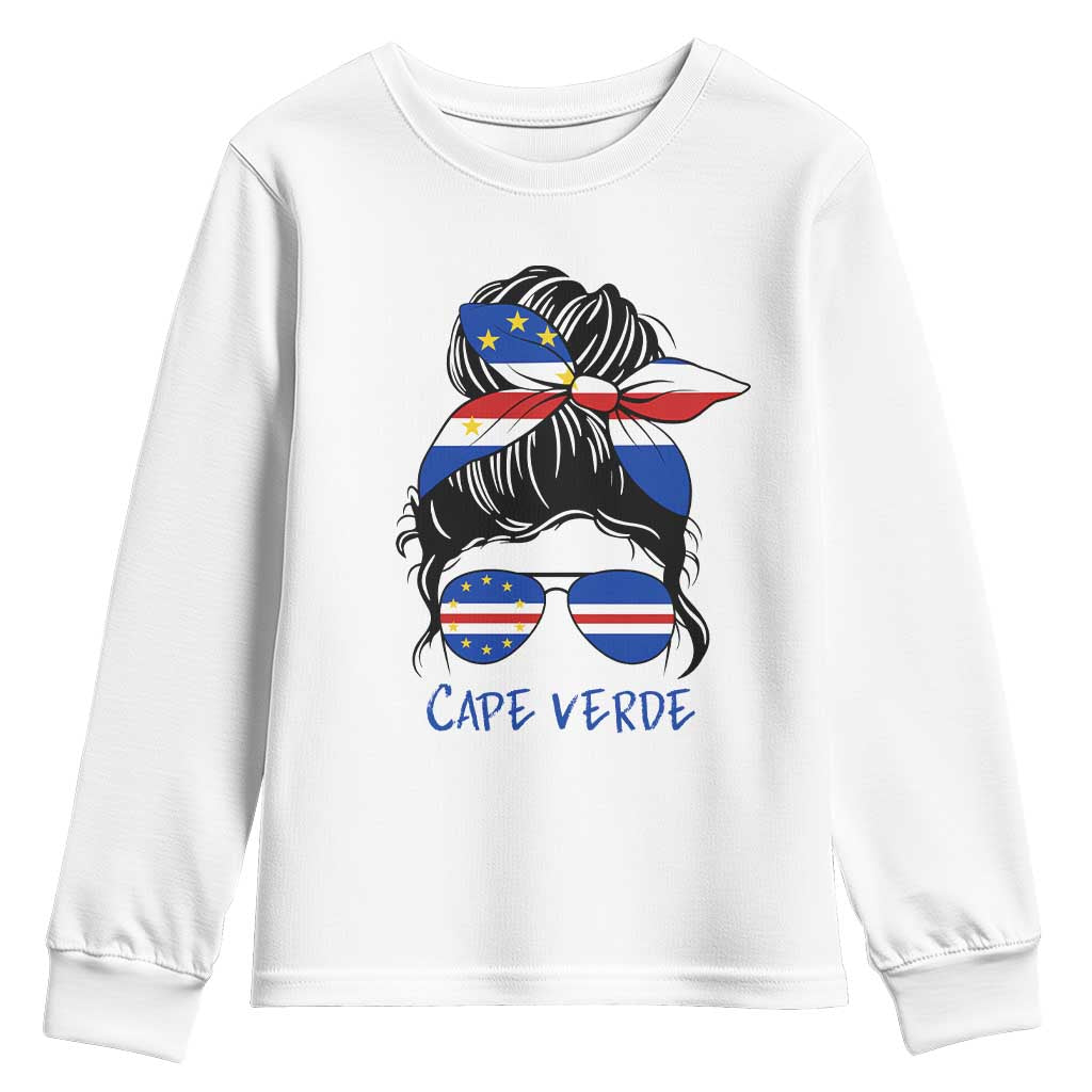 Cape Verde Messy Bun Girl Flag Sunglasses Graphic Youth Sweatshirt Cabo Verde Women National Pride Gift TS02 White Print Your Wear