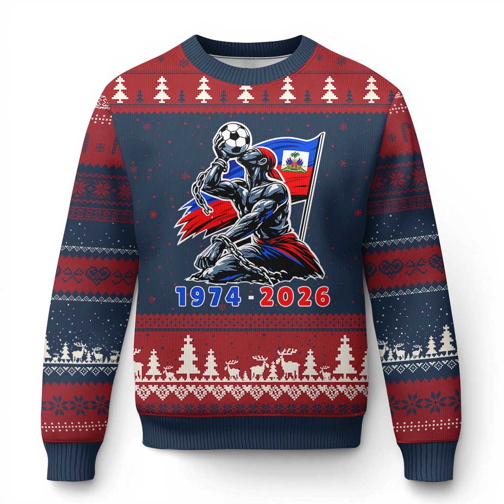 Haiti Soccer Tournament History 1974 to 2026 Ugly Christmas Sweater Powerful Haitian Broken Chains National Flag Football Fans TS02 Navy Red Print Your Wear
