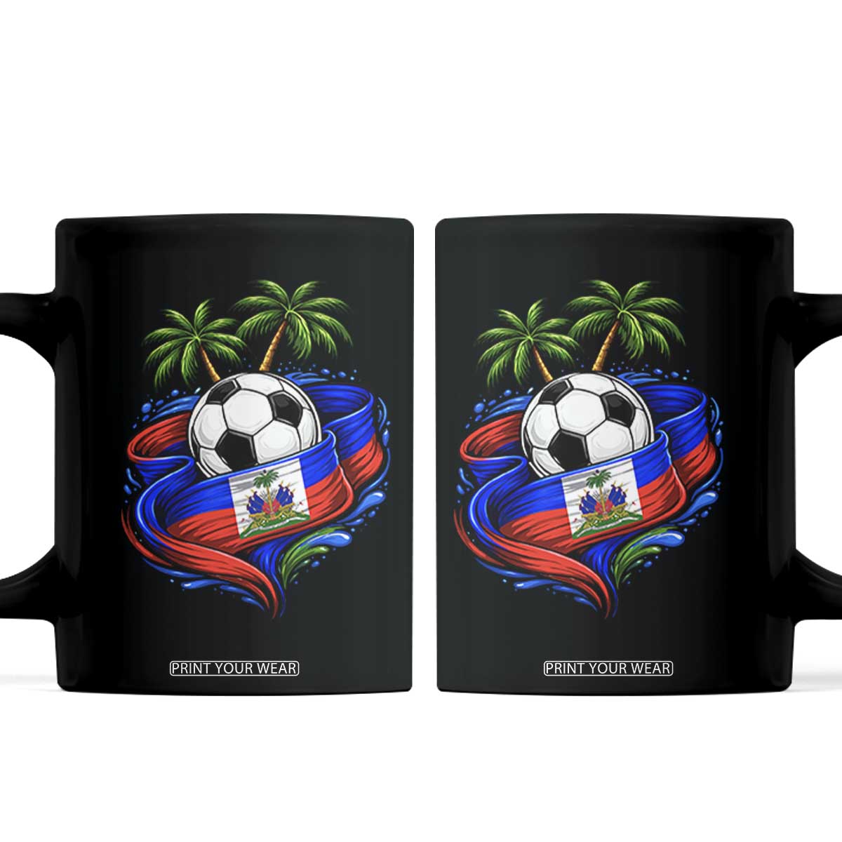 Haitian Flag Soccer Ball Graphic Coffee Mug Tropical Palm Trees Caribbean Haiti Football Fans Pride