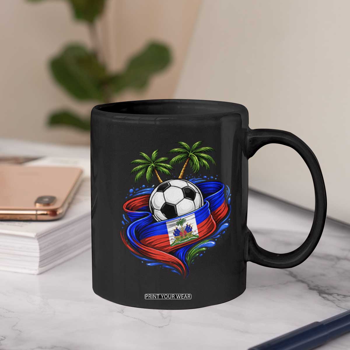 Haitian Flag Soccer Ball Graphic Coffee Mug Tropical Palm Trees Caribbean Haiti Football Fans Pride