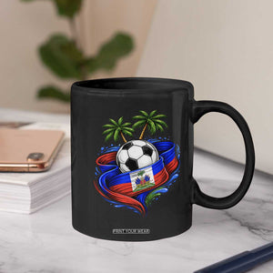 Haitian Flag Soccer Ball Graphic Coffee Mug Tropical Palm Trees Caribbean Haiti Football Fans Pride