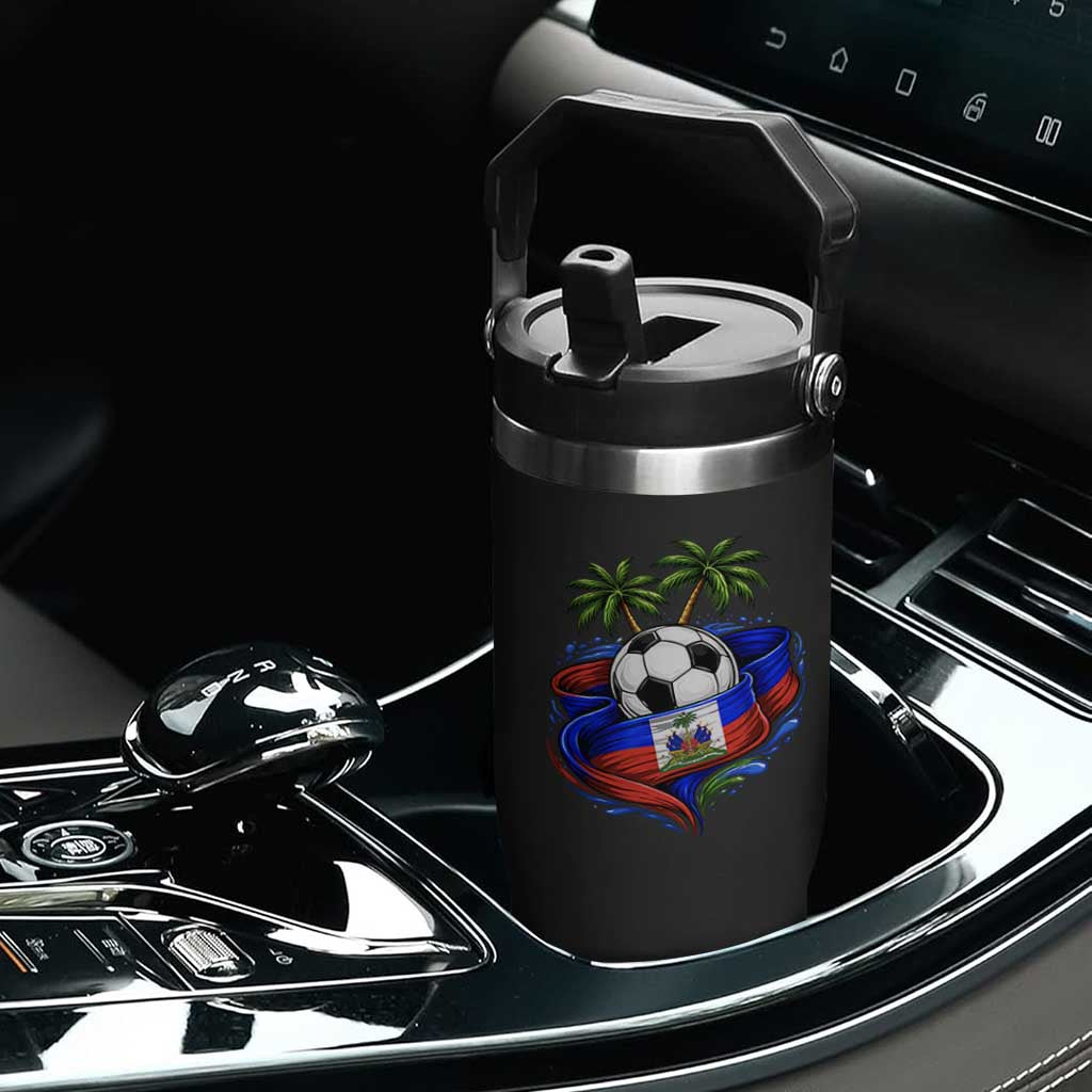 Haitian Flag Soccer Ball Graphic Flip Straw Tumbler Tropical Palm Trees Caribbean Haiti Football Fans Pride