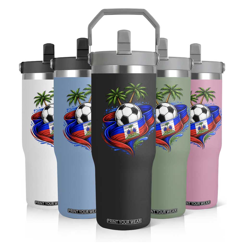 Haitian Flag Soccer Ball Graphic Flip Straw Tumbler Tropical Palm Trees Caribbean Haiti Football Fans Pride