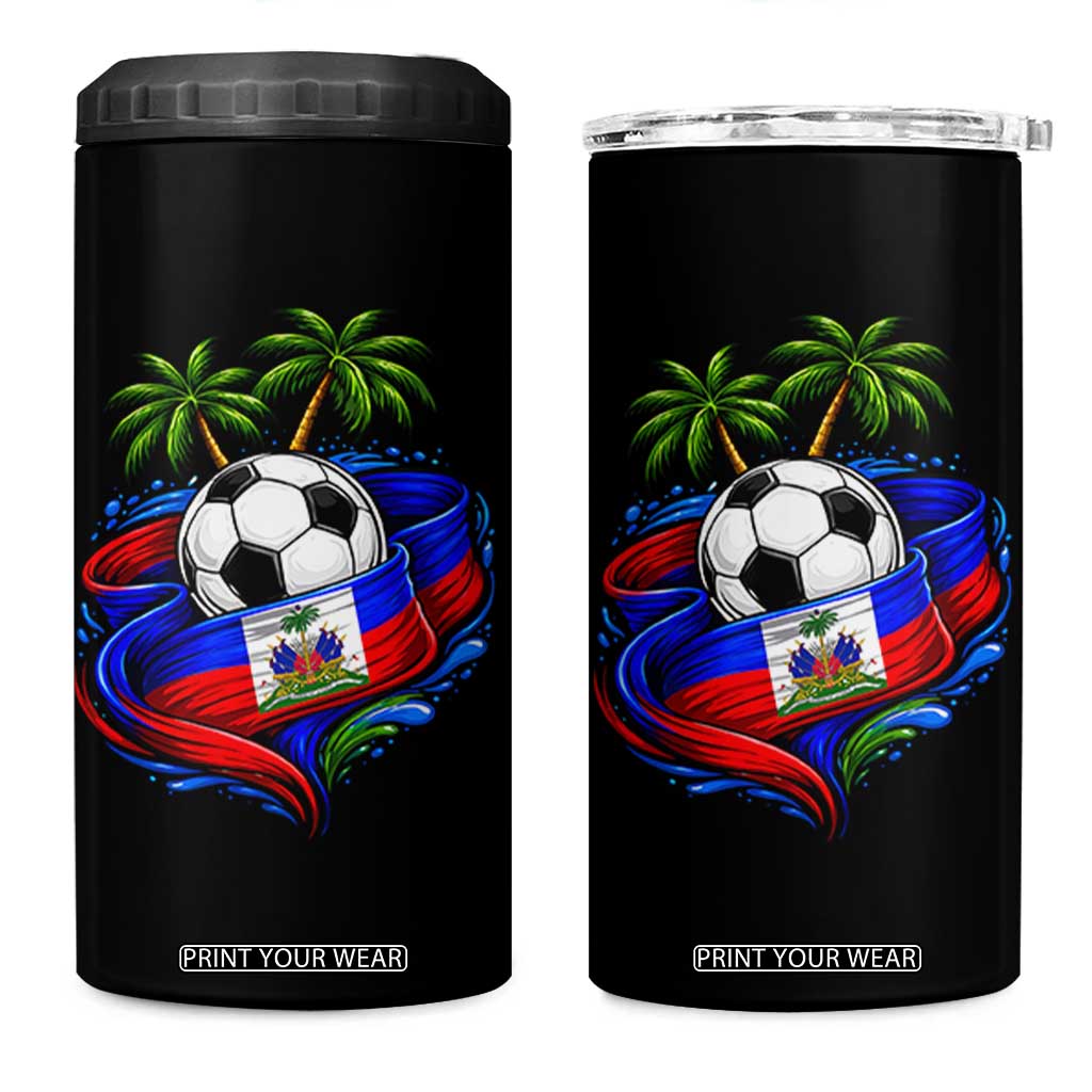 Haitian Flag Soccer Ball Graphic 4 in 1 Can Cooler Tumbler Tropical Palm Trees Caribbean Haiti Football Fans Pride