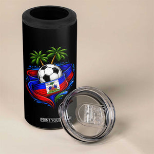 Haitian Flag Soccer Ball Graphic 4 in 1 Can Cooler Tumbler Tropical Palm Trees Caribbean Haiti Football Fans Pride