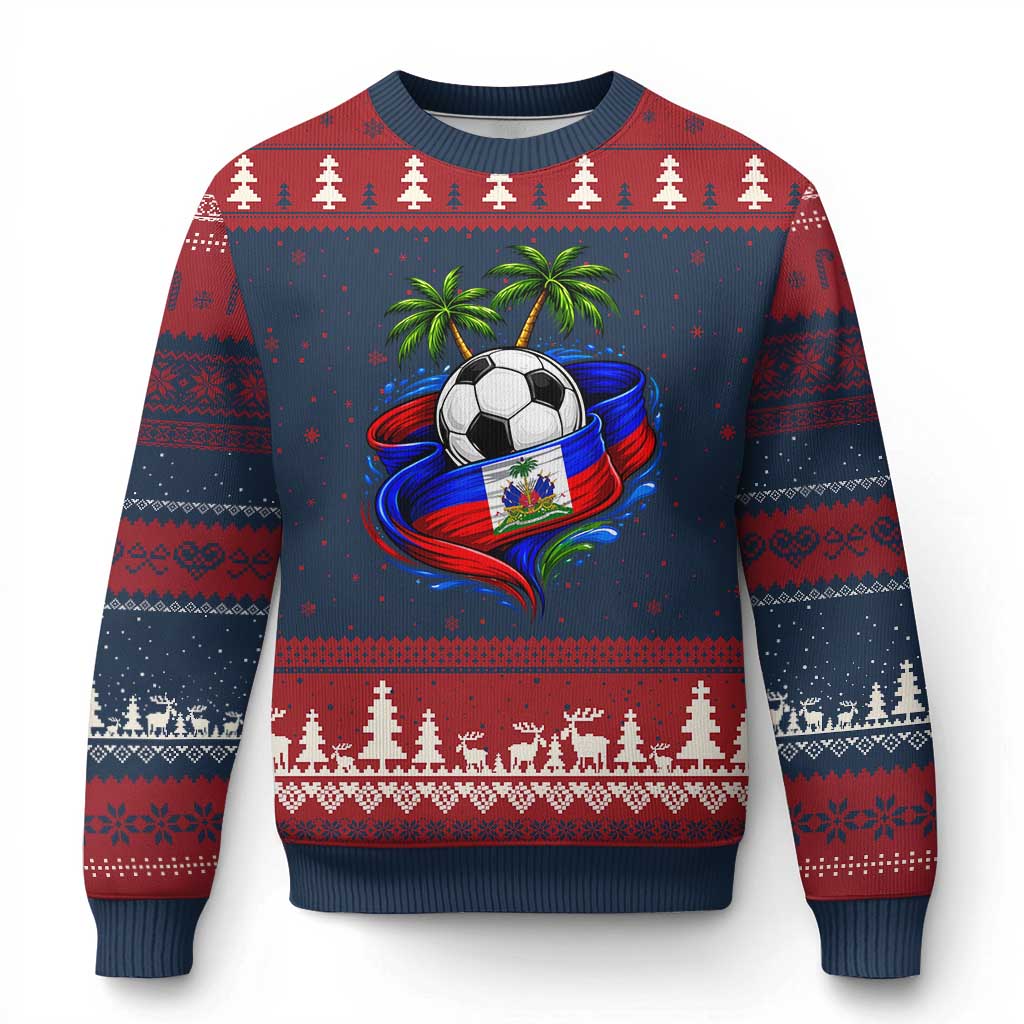 Haitian Flag Soccer Ball Graphic Ugly Christmas Sweater Tropical Palm Trees Caribbean Haiti Football Fans Pride TS02 Navy Red Print Your Wear