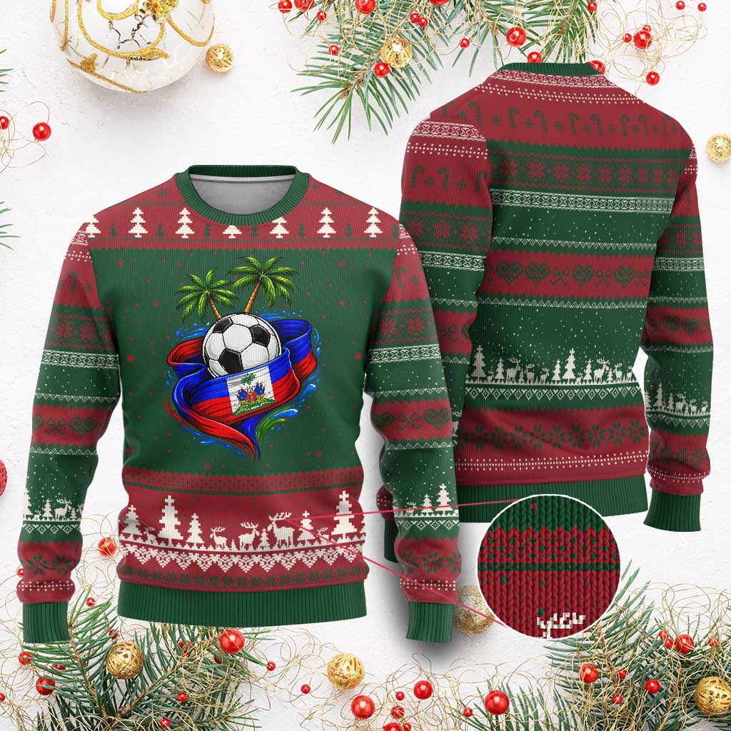 Haitian Flag Soccer Ball Graphic Ugly Christmas Sweater Tropical Palm Trees Caribbean Haiti Football Fans Pride