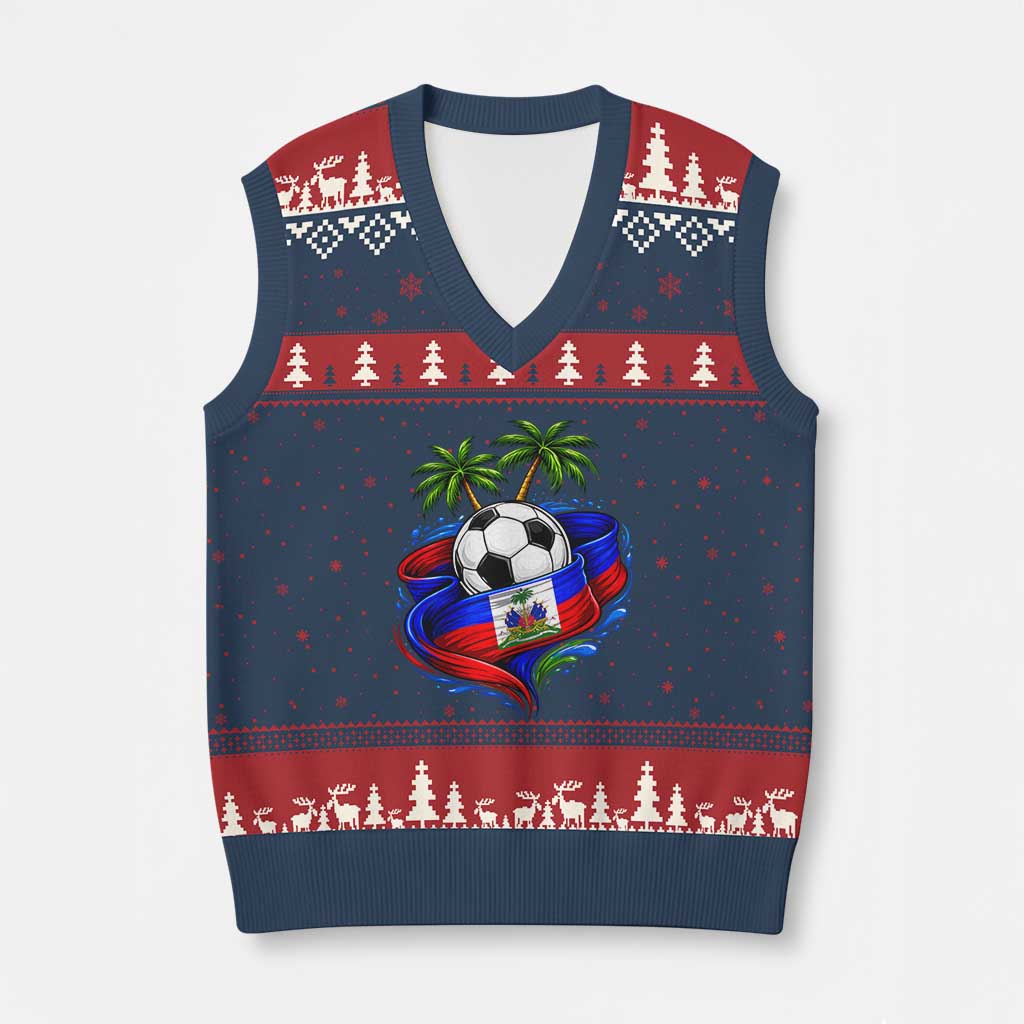 Haitian Flag Soccer Ball Graphic V-Neck Knit Sweater Vest Tropical Palm Trees Caribbean Haiti Football Fans Pride TS02 Navy Red Print Your Wear