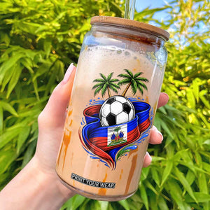 Haitian Flag Soccer Ball Graphic Glass Can Tropical Palm Trees Caribbean Haiti Football Fans Pride