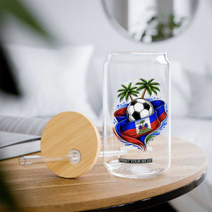 Haitian Flag Soccer Ball Graphic Glass Can Tropical Palm Trees Caribbean Haiti Football Fans Pride