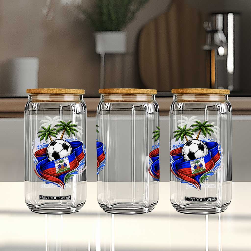 Haitian Flag Soccer Ball Graphic Glass Can Tropical Palm Trees Caribbean Haiti Football Fans Pride